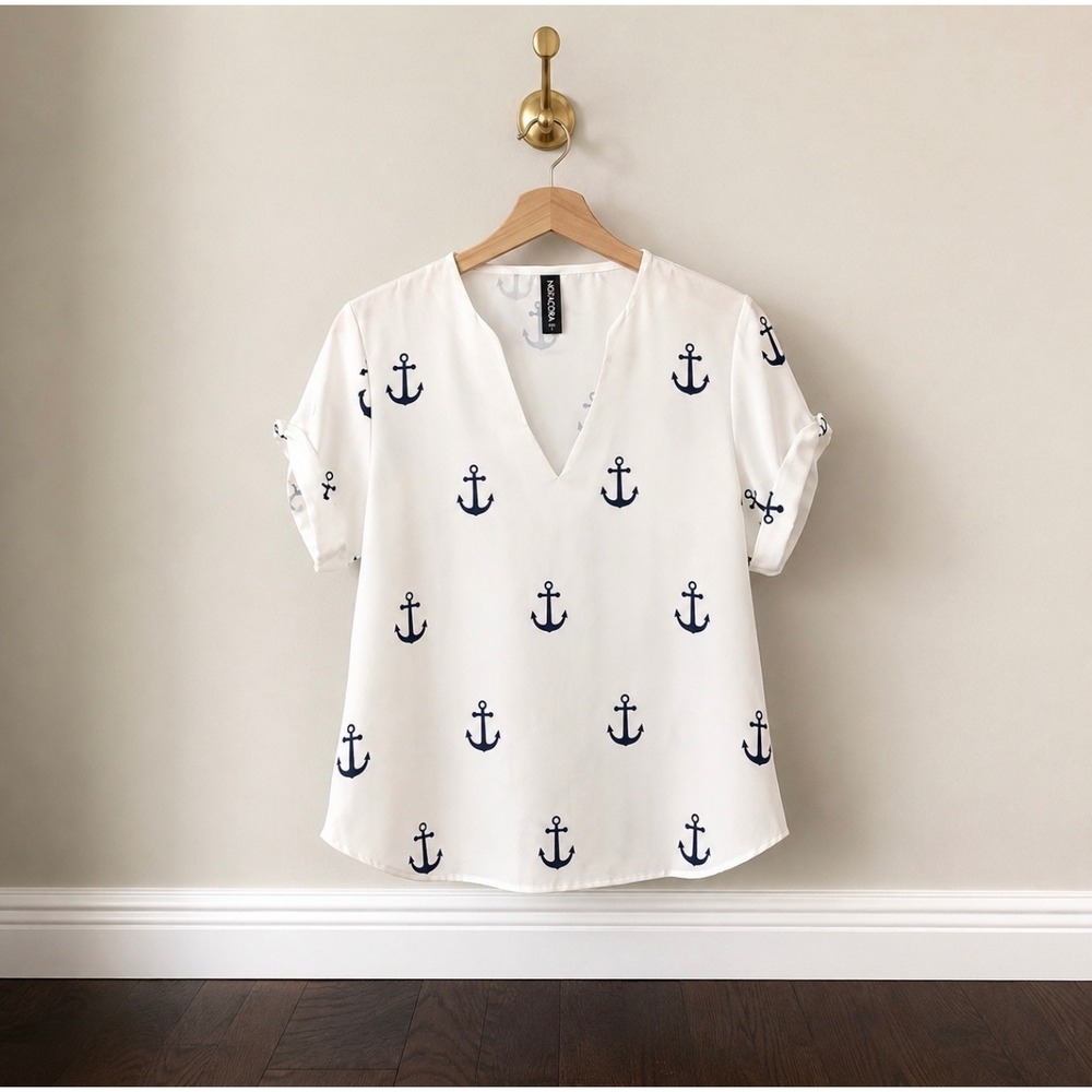 Noracora Womens Nautical Anchor Print V-Neck Blouse White Navy Blue Size L NEW